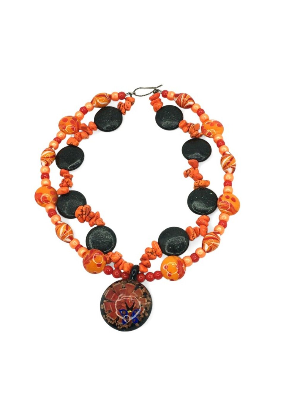 Orange Black Beaded Artisian Necklace Art Glass Butterfly Pendant Stone Stunning